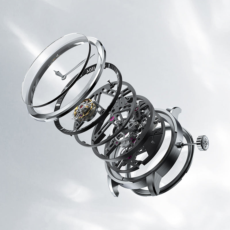Exploded view of Agelocer flying tourbillon watch showing crystal, skeleton movement and steel case