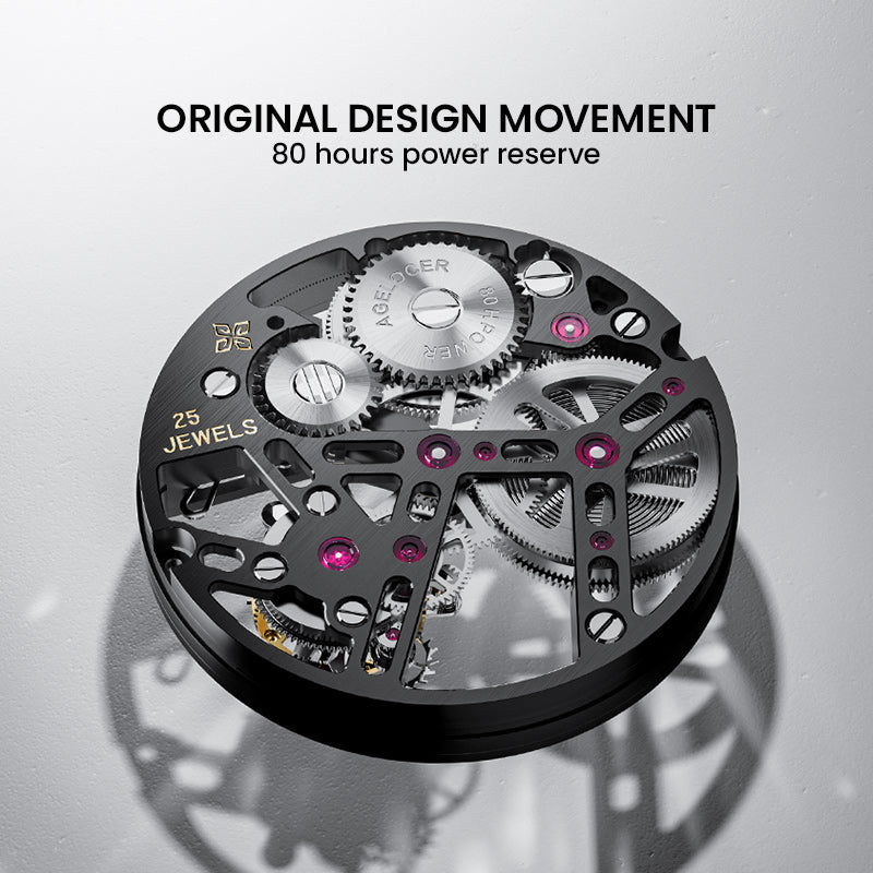 Agelocer original flying tourbillon movement with 80-hour power reserve and 25 jewels, close-up detail