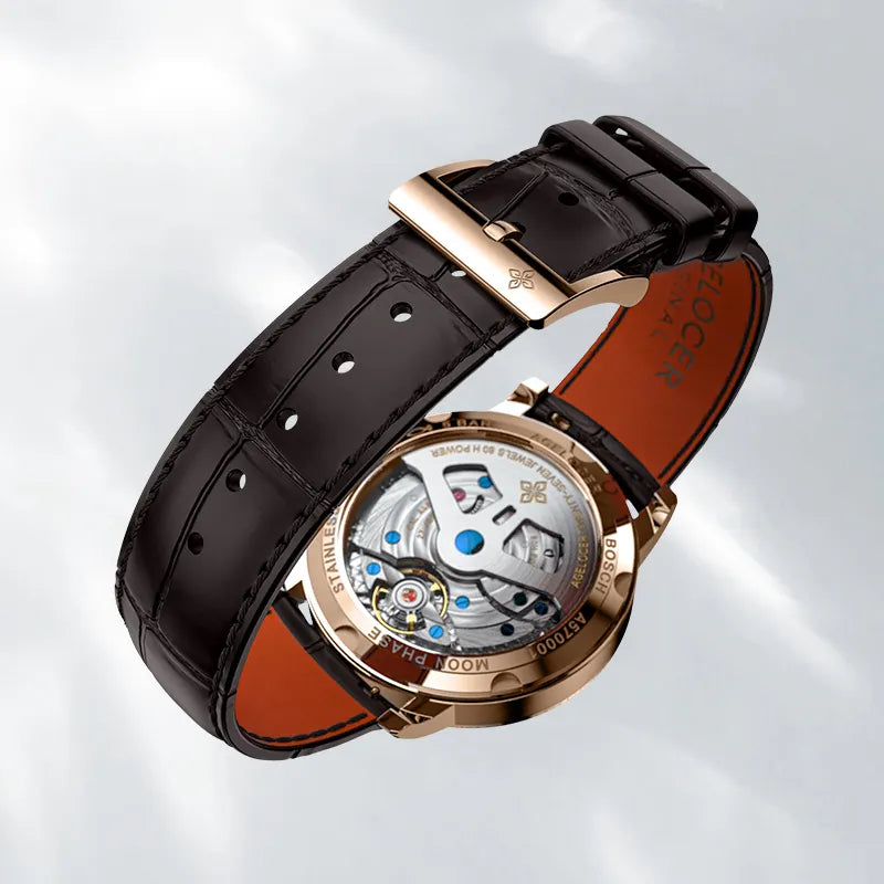 Caseback of Agelocer Astronomer galaxy moonphase diamond watch showing 27 jewels and 80-hour power reserve