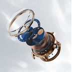 Exploded view of the Agelocer Astronomer galaxy moonphase diamond watch showing bezel, starry dial and movement