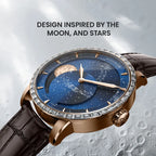 Agelocer Astronomer galaxy moonphase diamond watch inspired by the moon and stars, rose gold case, angled view