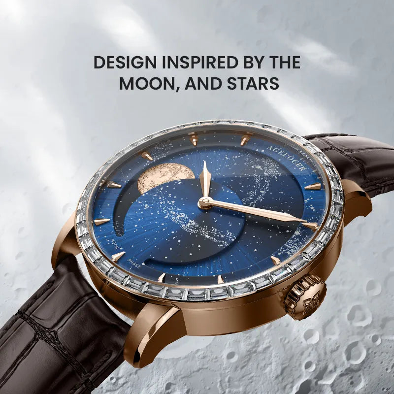 Agelocer Astronomer galaxy moonphase diamond watch inspired by the moon and stars, rose gold case, angled view