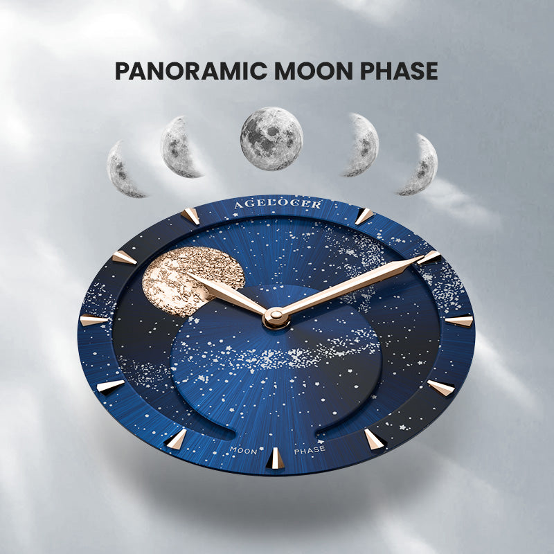 Panoramic moon phase on the blue aventurine starry dial of the Agelocer Astronomer galaxy diamond watch, close-up