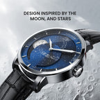 Agelocer Astronomer galaxy moonphase watch inspired by the moon and stars, blue starry dial, angled view