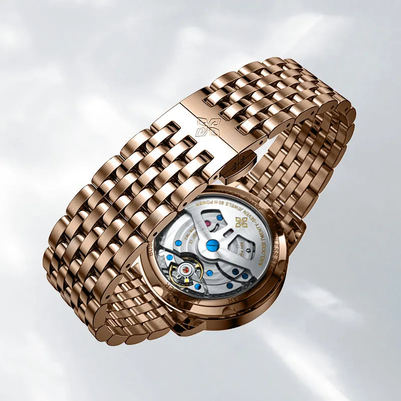 Agelocer galaxy watch exhibition caseback and rose gold bracelet showing the automatic movement