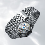 Caseback of Agelocer Astronomer galaxy moonphase watch with steel bracelet, 27 jewels and 80-hour power reserve