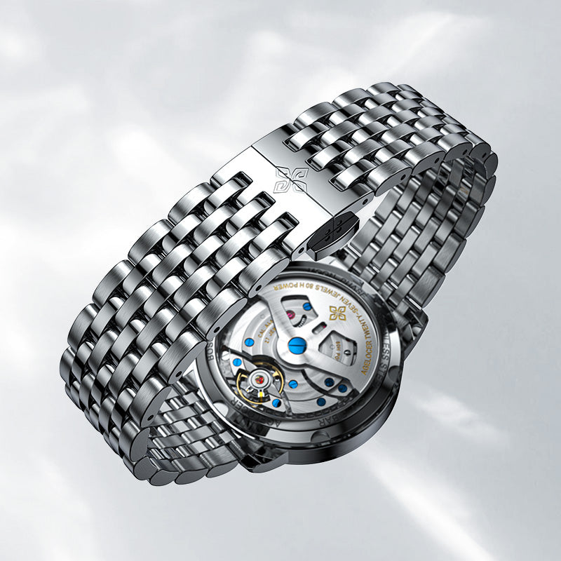 Caseback of Agelocer Astronomer galaxy moonphase watch with steel bracelet, 27 jewels and 80-hour power reserve