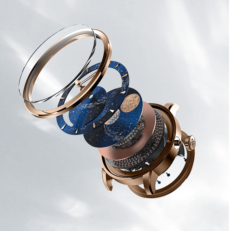 Agelocer galaxy moon phase exploded view showing rose gold case, blue starry dial and movement