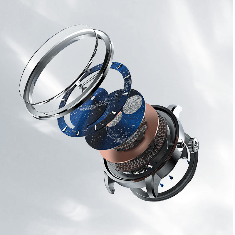Exploded view of the Agelocer Astronomer galaxy moonphase watch showing bezel, starry dial and movement