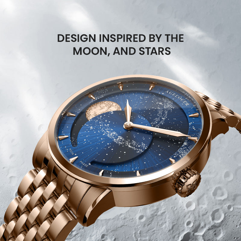 Agelocer galaxy watch inspired by the moon and stars, rose gold case, blue starry moon phase dial
