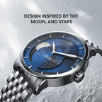 Agelocer Astronomer galaxy moonphase watch inspired by the moon and stars, steel bracelet, angled view