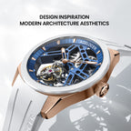 Agelocer hollow tourbillon watch inspired by modern architecture, rose gold case and white ceramic bezel, angled