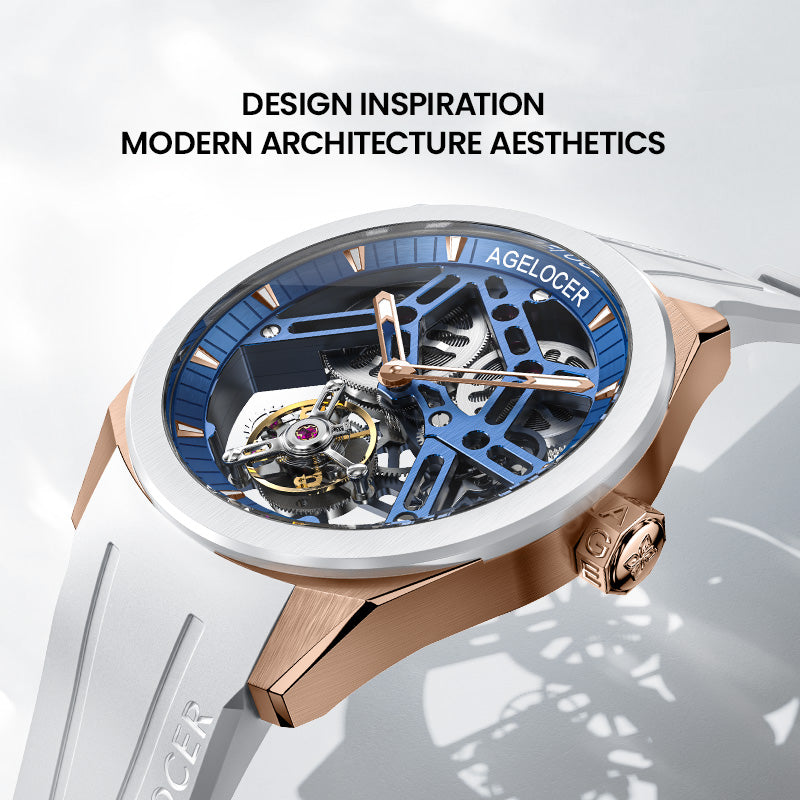 Agelocer hollow tourbillon watch inspired by modern architecture, rose gold case and white ceramic bezel, angled