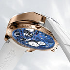 Caseback of Agelocer hollow tourbillon watch showing blue skeleton movement, 25 jewels and rose gold case