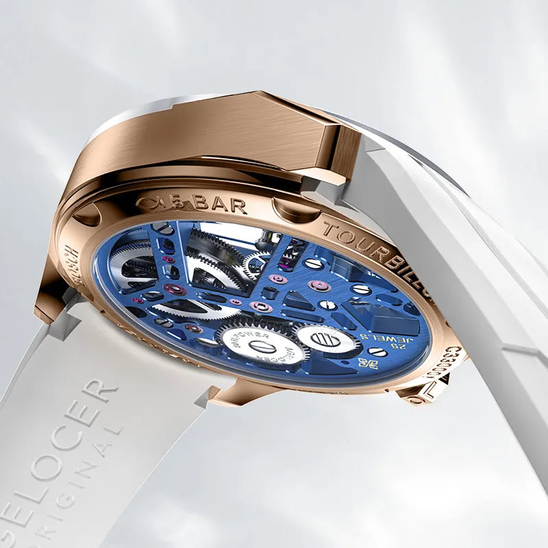 Caseback of Agelocer hollow tourbillon watch showing blue skeleton movement, 25 jewels and rose gold case