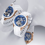 Trio of Agelocer hollow tourbillon watches on white rubber straps displayed together, collection lifestyle shot