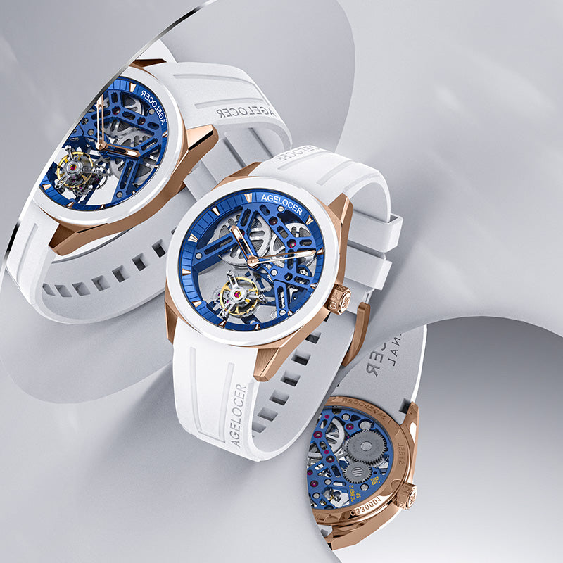 Trio of Agelocer hollow tourbillon watches on white rubber straps displayed together, collection lifestyle shot
