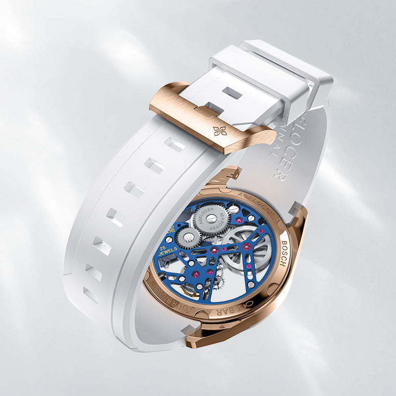 Agelocer hollow tourbillon watch white rubber strap with signature buckle, close-up detail