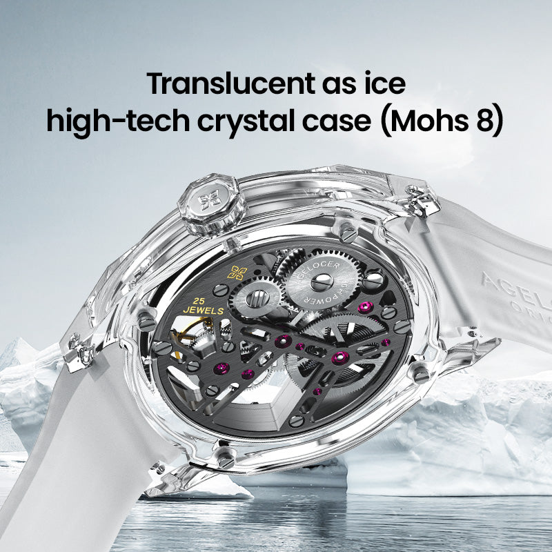 Agelocer Ice tourbillon high-tech crystal case rated Mohs 8, transparent caseback with 25 jewels
