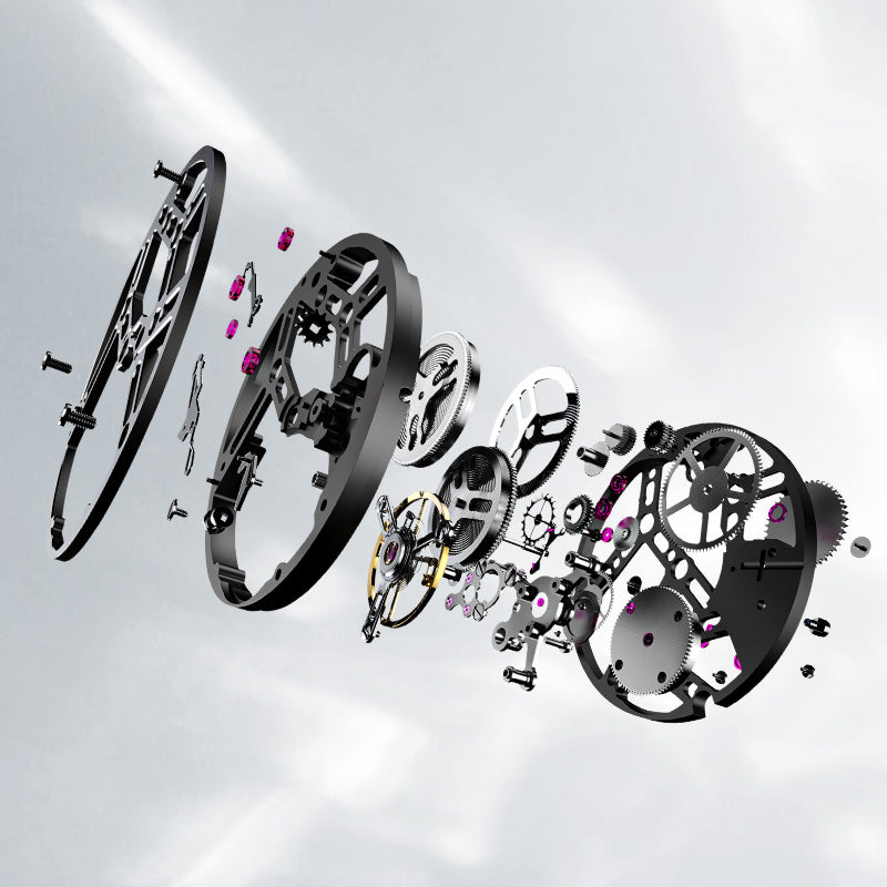 Exploded view of Agelocer Ice crystal tourbillon skeleton movement components