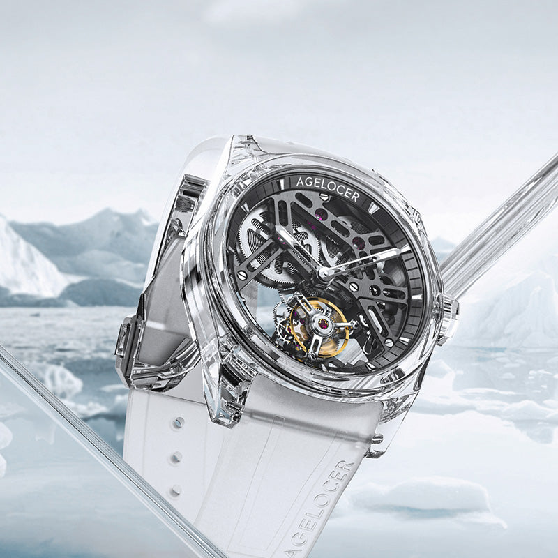 Agelocer Ice crystal tourbillon watch with transparent case and white strap resting on ice, lifestyle