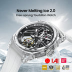 Agelocer Never Melting Ice free-sprung crystal tourbillon watch on an iceberg backdrop, angled feature shot