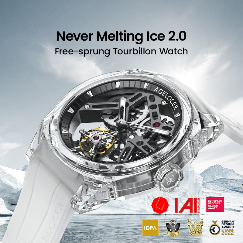 Agelocer Never Melting Ice free-sprung crystal tourbillon watch on an iceberg backdrop, angled feature shot