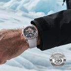 Man wearing Agelocer Ice crystal tourbillon, a limited edition of 299 pieces, on an iceberg, wrist view