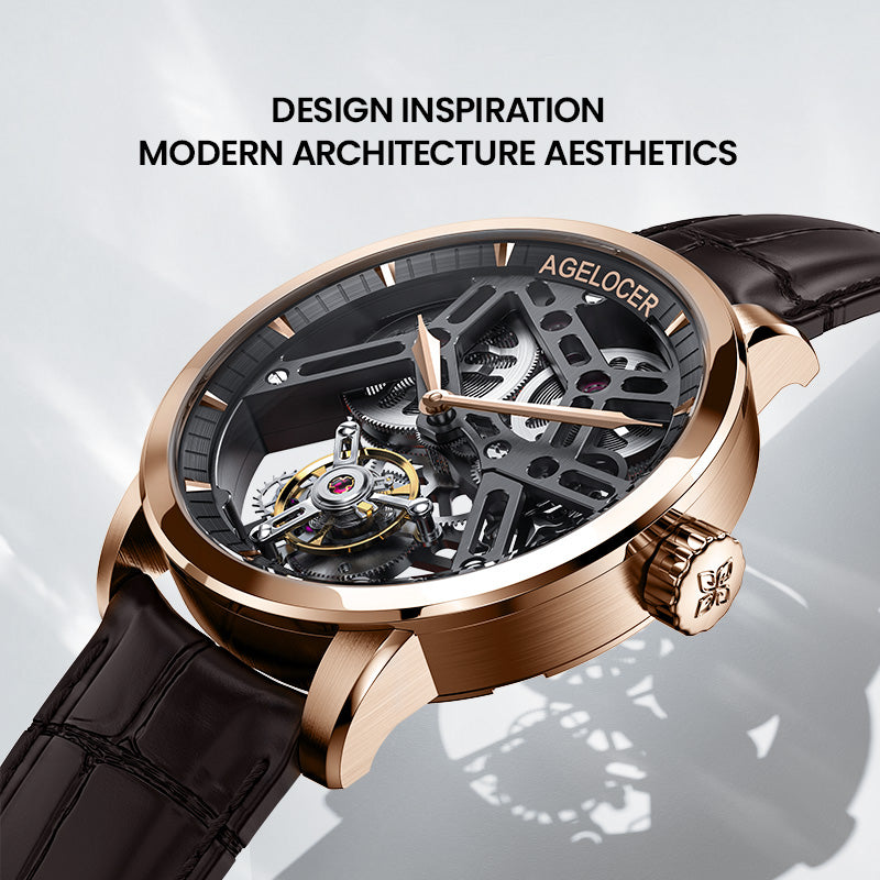 Agelocer manual tourbillon watch inspired by modern architecture, black skeleton dial and rose gold case, angled
