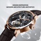 Agelocer manual tourbillon watch inspired by modern architecture, black skeleton dial and rose gold case, angled