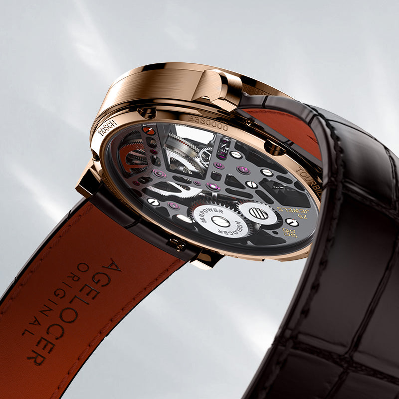 Side profile of Agelocer manual tourbillon watch showing skeleton movement and brown leather strap