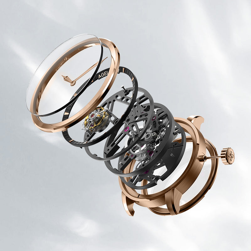 Exploded view of Agelocer manual tourbillon watch showing crystal, skeleton movement and rose gold case