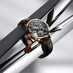 Agelocer manual tourbillon watch with black skeleton dial resting on polished steel bars, lifestyle shot