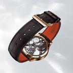 Agelocer manual tourbillon watch brown leather strap with signature buckle and orange lining, close-up detail