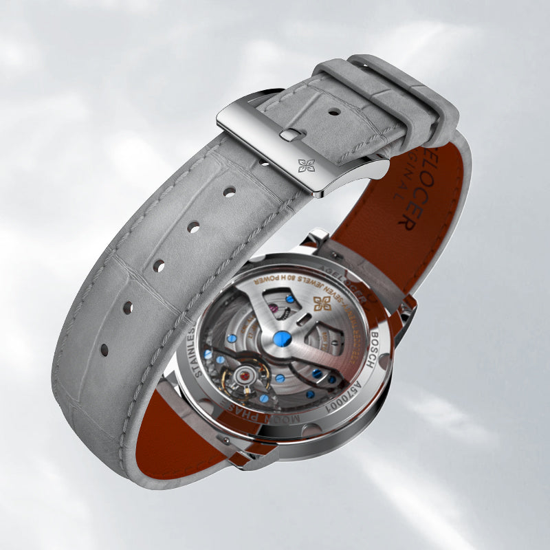 Caseback of Agelocer Astronomer meteorite moonphase watch showing 27 jewels and 80-hour power reserve
