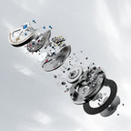 Exploded view of the Agelocer Astronomer meteorite moonphase watch showing movement parts and bridges