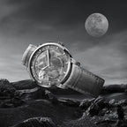 Agelocer Astronomer meteorite moonphase watch on a lunar landscape under a full moon, dramatic lifestyle shot