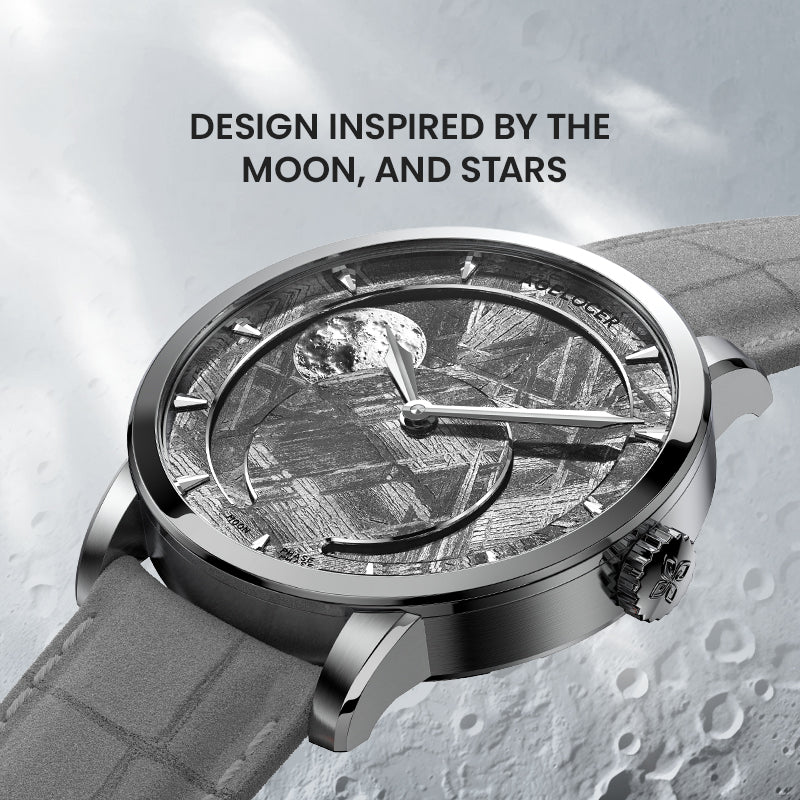 Agelocer Astronomer meteorite moonphase watch inspired by the moon and stars, steel case, angled view