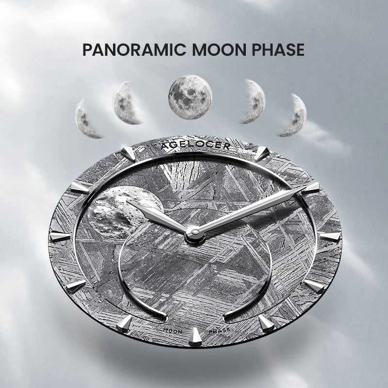 Panoramic moon phase complication on the natural meteorite dial of the Agelocer Astronomer watch, close-up