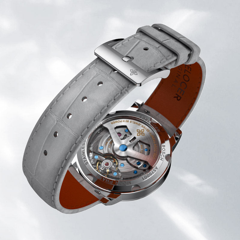 Caseback of Agelocer Astronomer moonphase watch showing 27 jewels and 80-hour power reserve