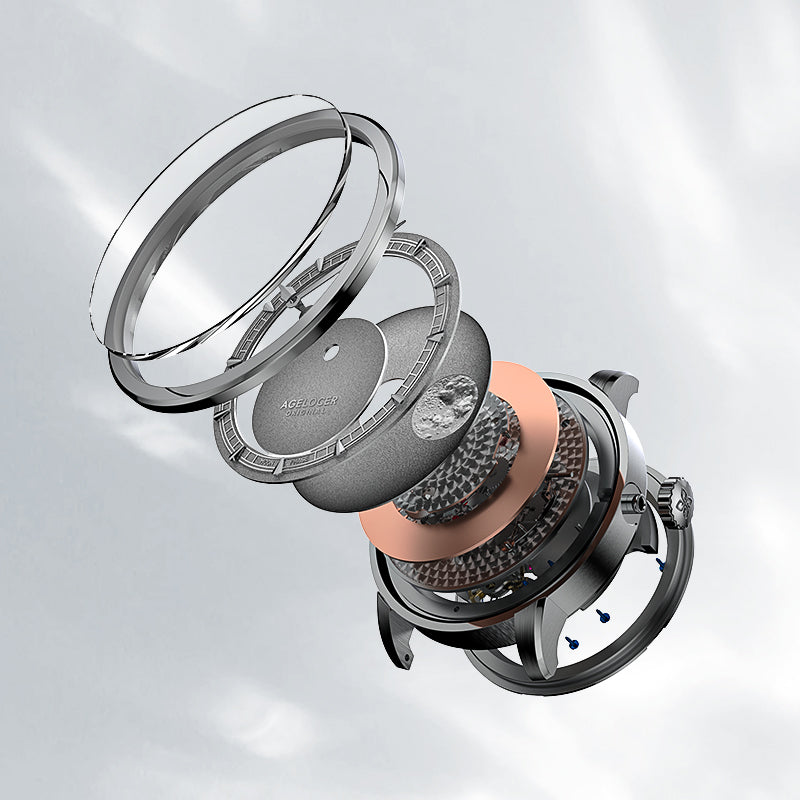 Exploded view of Agelocer Astronomer moonphase watch crystal, dial and movement