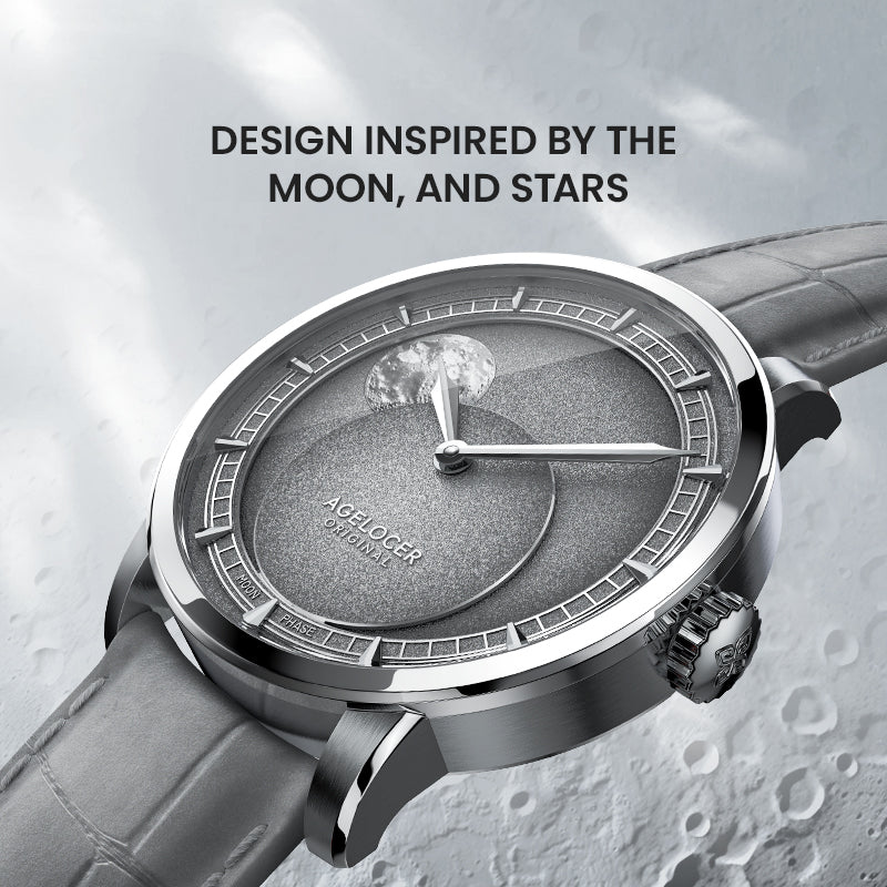 Agelocer Astronomer moonphase watch inspired by the moon and stars, steel case with grey dial, angled view