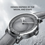 Agelocer Astronomer moonphase watch inspired by the moon and stars, steel case with grey dial, angled view