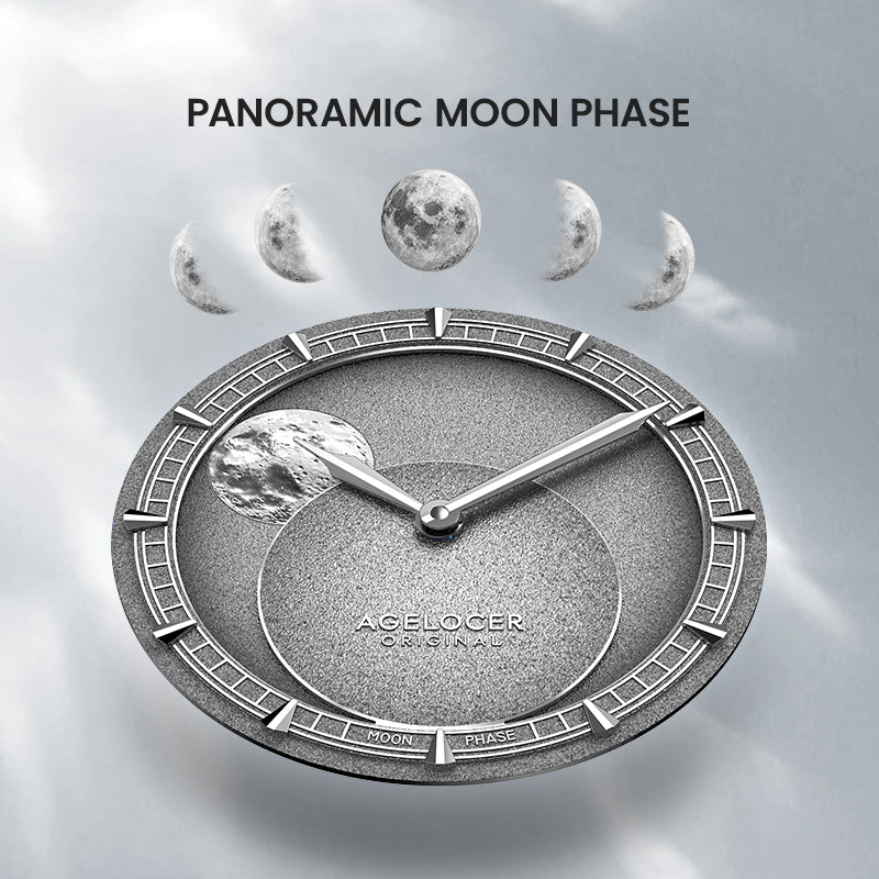 Panoramic 29.51-day moon phase display on the Agelocer Astronomer grey dial, close-up detail