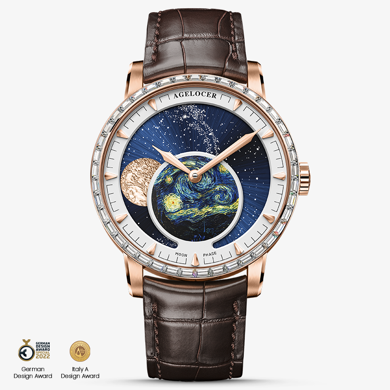 Agelocer Astronomer Moonphase rose gold zircon-bezel model on brown leather with starry night moon phase dial