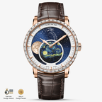 Agelocer Astronomer Moonphase rose gold zircon-bezel model on brown leather with starry night moon phase dial