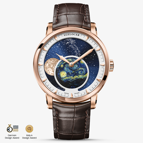 Agelocer Astronomer Moonphase rose gold case on brown leather, hand-painted starry night dial with moon phase