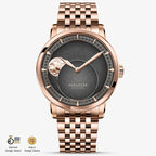 Agelocer Astronomer Moonphase watch, charcoal dial, rose gold case and rose gold bracelet, front