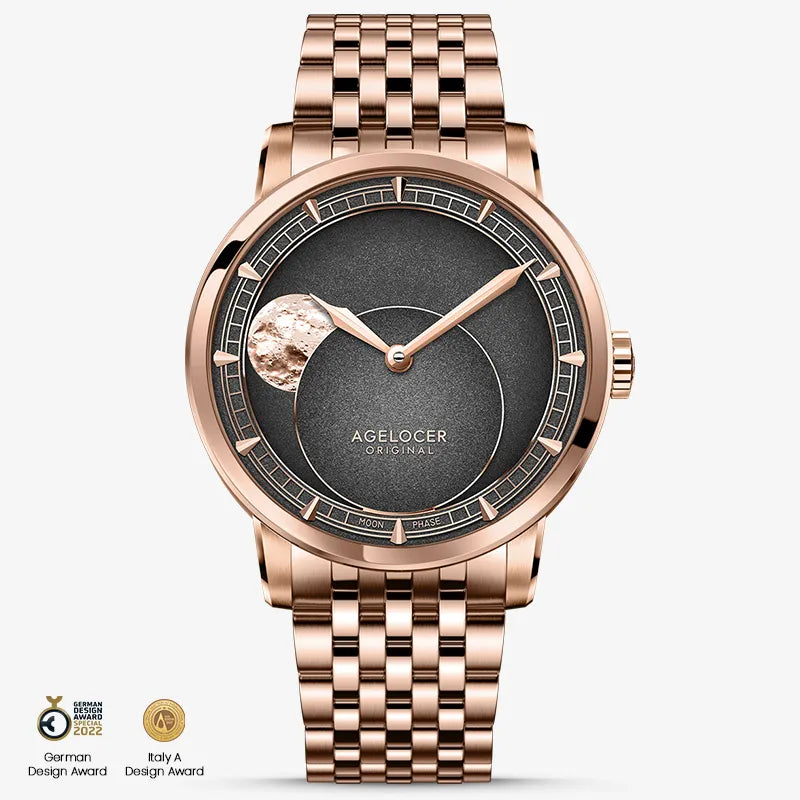Agelocer Astronomer Moonphase watch, charcoal dial, rose gold case and rose gold bracelet, front