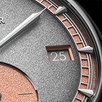 Macro of Agelocer Petite Seconde grey dial showing framed date window and salmon minute track